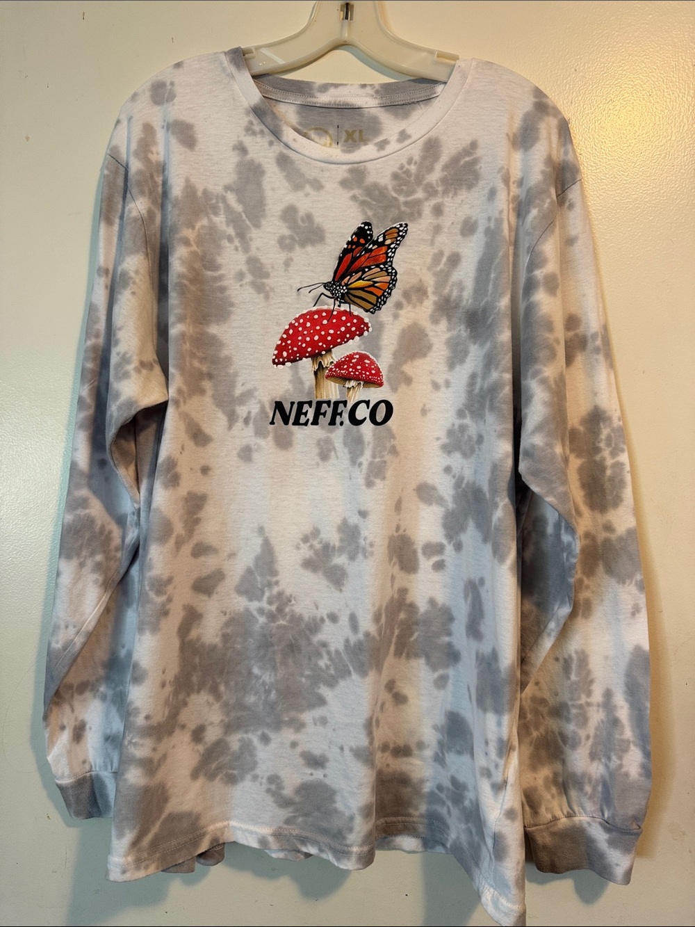 Neff Gray Tie-Dye Crewneck with Red Mushroom & Orange Butterfly